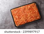 Rectangular Sfincione pizza with onions, tomatoes, cheese, anchovies and breadcrumbs closeup on a baking sheet on the table. Horizontal top view from above
