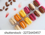 French macaron sweets (also known as macaroons). Confectionery of France. Assorted macarons.