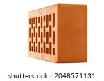 Small photo of Perforated red brick isolated on white background in rowlock perspective