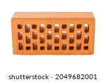 Small photo of Perforated red brick isolated on white background in rowlock perspective