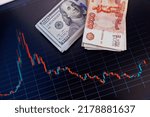 Small photo of US dollar and russian ruble banknotes packs over digital screen with real life exchange chart, USD RUB depreciation concept, closeup with selective focus and background blur
