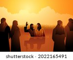 Biblical vector illustration series, Jesus baptised by John the Baptist while crowd of people watching them