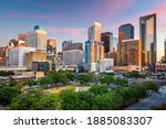 Houston, Texas, USA downtown park and skyline at twilight. 