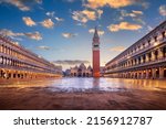 Venice, Italy at St. Mark's Square with the Basilica and Bell Tower at twilight.