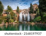 Small photo of TIVOLI, ITALY - FEBRUARY 5, 2022: Visitors enjoy waterworks at Villa D'Este. The 16th century villa is now a museum and an UNESCO World Heritage site.