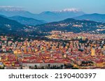 La Spezia, Italy city skyline with the Apennine Mountains at dusk.
