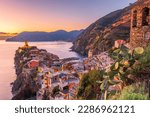 Vernazza, La Spezia, Liguria, Italy in the Cinque Terre region at dusk.