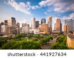 Houston, Texas, USA downtown city park and skyline.