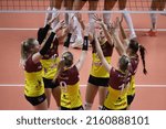 Small photo of ISTANBUL, TURKEY - DECEMBER 21, 2021: VK Dukla Liberec players celebrating score point during Turkish Airlines vs VK Dukla Liberec CEV Champions League Volley Match in Burhan Felek Sport Hall