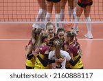 Small photo of ISTANBUL, TURKEY - DECEMBER 21, 2021: VK Dukla Liberec players celebrating score point during Turkish Airlines vs VK Dukla Liberec CEV Champions League Volley Match in Burhan Felek Sport Hall