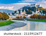 Salzburg, Austria. Beautiful view of Salzburg skyline with Festung Hohensalzburg and Salzach River, autumn, landscape in Salzburger Land.