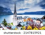 Hallstatt, Austria - Autumn scenic postcard view of world famous alpine village in Upper Austria, Salzkammergut region.