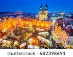 Prague, Czech Republic. Christmas Market in Stare Mesto old square, Tyn Church, Bohemia.