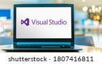 Small photo of POZNAN, POL - JUL 25, 2020: Laptop computer displaying logo of Microsoft Visual Studio, an integrated development environment (IDE) from Microsoft