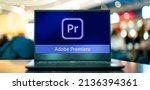Small photo of POZNAN, POL - JAN 16, 2022: Laptop computer displaying logo of Adobe Premiere Pro, a timeline-based video editing software application developed by Adobe Systems