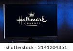 Small photo of POZNAN, POL - MAR 25, 2022: Flat-screen TV set displaying logo of The Hallmark Channel is an American pay television cable channel owned by Crown Media Holdings