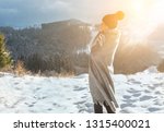 Happy woman traveler in snowy sunny day stay on top of mountain and looking on beautiful winter view.
