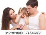 Small photo of Mother and father becalm daughter on the white background