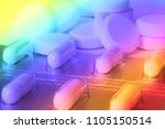 Small photo of Pile of pills in color fantasy with psychedelic colors showing confusion or disorientation due to drugs with copy space