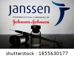Small photo of Milan, Italy: November 16, 2020: Vaccine vials and syringe with Janssen Pharmaceutical logo. Big Pharma companies are racing to complete clinical trials for a vaccine to fight the coronavirus Covid-19