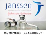 Small photo of Milan, Italy: November 16, 2020: Vaccine vials and syringe with Janssen Pharmaceutical logo. Big Pharma companies are racing to complete clinical trials for a vaccine to fight the coronavirus Covid19
