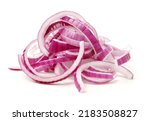 Sliced red onion rings on white background