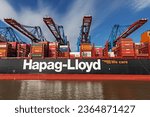 Small photo of Hamburg, Germany - September 20 2023: The newest ultra large container ship Manila Express of Hapag-Lloyd with container cranes at the Burchardkai in the in the Port of Hamburg.