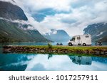 Family vacation travel RV, holiday trip in motorhome, Caravan car Vacation. Beautiful Nature Norway natural landscape.