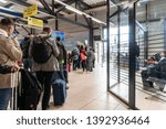 Small photo of Berlin / Germany May 3, 2019: Passengers in line at the gate waiting to embark on a Ryanair flight at the Schonefeld Airport in Berlin