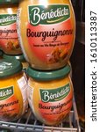 Small photo of Paris / France - Dec. 10, 2019: Benedicta Bourgignonne red wine sauce for sale in French Supermarket