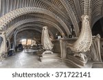 Small photo of GRUYERES, SWITZERLAND - JANUARY 16, 2016: interior of HR Giger cafe in Gruyeres, themed along the lines of his biomechanical style as shown in the Alien films