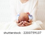 Baby Head in Mother Hands. Mum holding Newborn Boy lying on White Blanket. Infant Health Care and Development. Child Birth and Parents Love