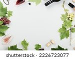 Small photo of Flat-lay of red, rose and white wine in glasses, Branch of grape vine, bottles of wine on white background. Wine bar, winery, wine degustation concept. Food and drink mock up, template, border