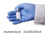 Small photo of Krasnoyarsk, Russia. April 29, 2021. Medic hand shows Russian Sputnik-V vaccine vial - isolated photo on a white background. Vaccine vial with Sputnik V logo on the label. Vaccination to stop Covid.