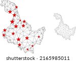 Polygonal mesh Heilongjiang Province map with red star centers. Abstract mesh connected lines and stars form Heilongjiang Province map.