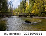 Simple, rustic wood bridge over Kintla Creek in Glacier National Park at Kintla Lake area creates tranquil forest and water scenic in Montana