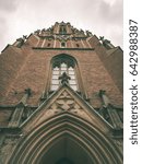 Small photo of old church building details. gothic architecture and rock fundament - vintage green look