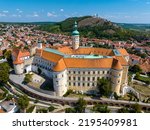 Mikulov. Aerial View of Old Town Castle and Powder Tower in Mikulov, Czech Republic, Europe. 