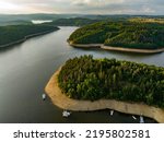 Czechia, Vltava River Aerial View. Czech Republic. Beautiful Summer Green Landscape with Orlík Water Reservoir and Boats. View from Above. 