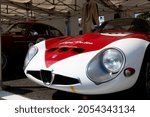 Small photo of Italy, september 11 2021. Vallelunga classic. Vintage motorsport, 60s car Alfa Romeo Giulia TZ shiny detail, front hood with logo brand name