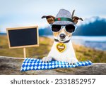bavarian jack russell dog holding a beer mug outdoors by the river and mountains , ready for the beer party celebration festival in munich