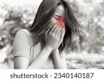 Small photo of sick woman sneezing with sore throat; sick woman with allergic sneeze symptom, sore throat, cold, flu, contagious virus disease, coronavirus, allergy, health care concept; young asian woman model