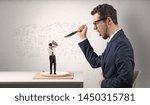 Small photo of Big businessman eating small one with doodled reports, charts and graphs concept