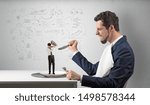 Small photo of Big businessman eating small one with doodled reports, charts and graphs concept
