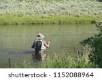 Fisherman flyfishing in river of Montana state