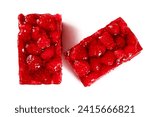 Small photo of Two golden brown raspberry tarts on white, freshly baked and glistening with a generous layer of raspberry jam. The tarts are generously filled with plump raspberries, creating a beautiful flavor