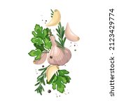 falling garlic with herbs and... | Shutterstock .eps vector #2123429774