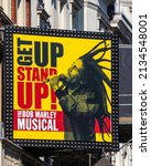 Small photo of London, UK - March 8th 2022: Promotional Poster on the exterior of the Lyric Theatre on Shaftesbury Avenue in London, advertising Get Up, Stand Up! The Bob Marley Musical.