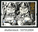 Small photo of GREAT BRITAIN - CIRCA 1993: A used postage stamp from the UK, depicting an image of Tweedle Dum and Teedle Dee from Alice Through the Looking Glass, circa 1993.