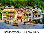 Colorful and picturesque village square in Hallstatt, Austria